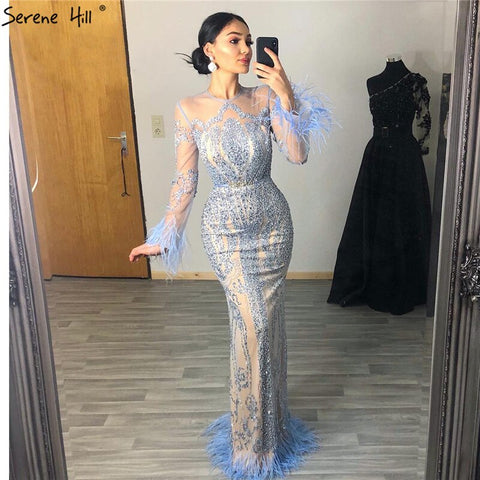 Muslim Blue Detachable Skirt Evening Dresses Gowns 2025 Feathers Beaded  Mermaid Luxury For Women Party LA60932A