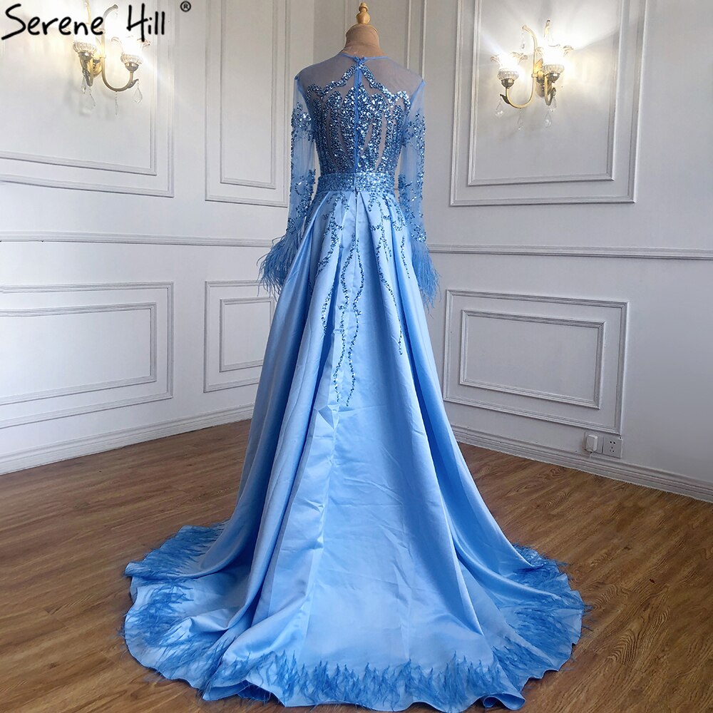 Muslim Blue Detachable Skirt Evening Dresses Gowns 2025 Feathers Beaded  Mermaid Luxury For Women Party LA60932A