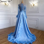 Muslim Blue Detachable Skirt Evening Dresses Gowns 2025 Feathers Beaded  Mermaid Luxury For Women Party LA60932A
