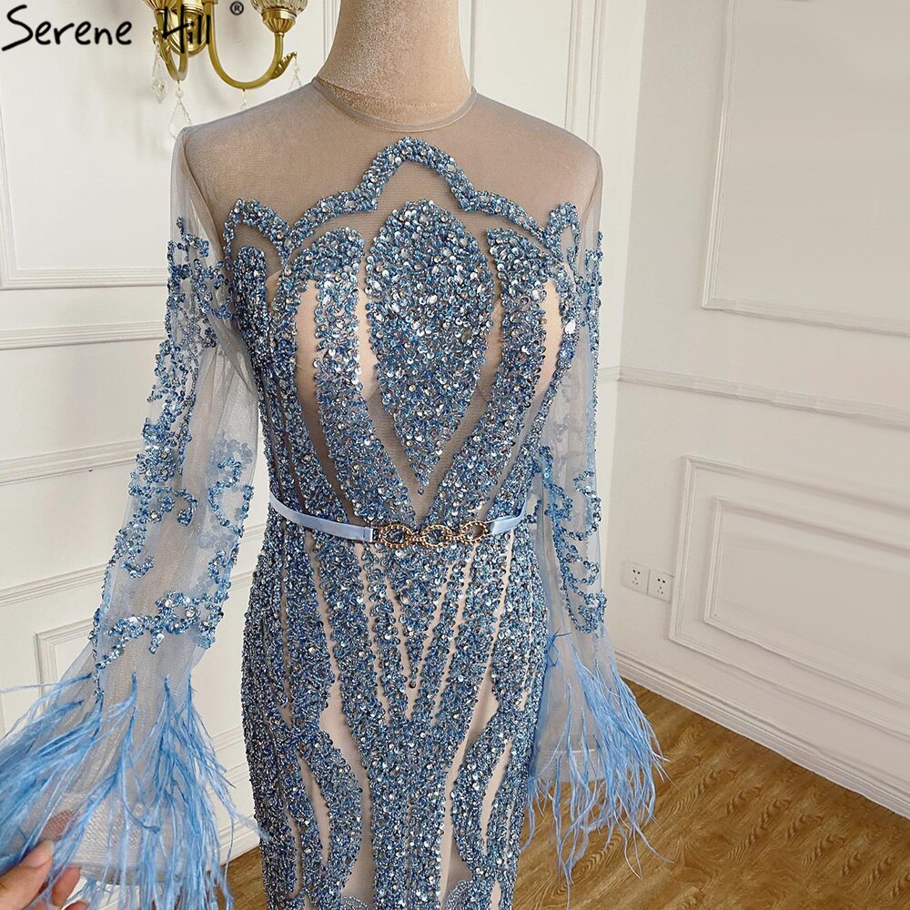 Muslim Blue Detachable Skirt Evening Dresses Gowns 2025 Feathers Beaded  Mermaid Luxury For Women Party LA60932A