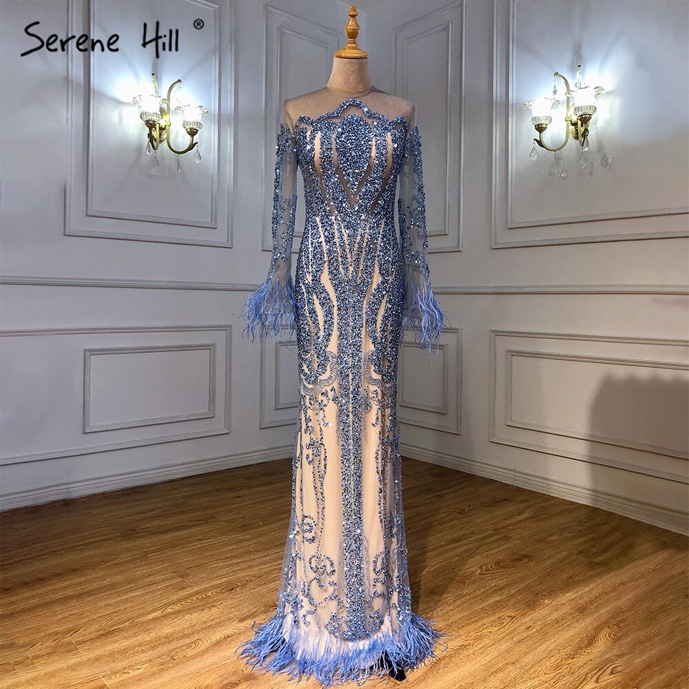 Muslim Blue Detachable Skirt Evening Dresses Gowns 2025 Feathers Beaded  Mermaid Luxury For Women Party LA60932A