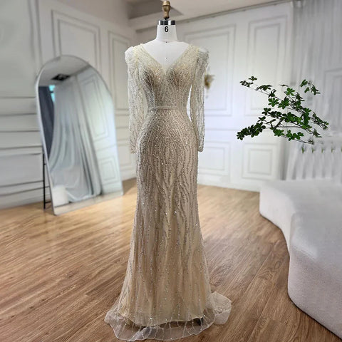 Muslim Blue Elegant Mermaid Beaded Arabic Luxury Evening Dresses Gowns for Women Wedding Party 2025 LA71931