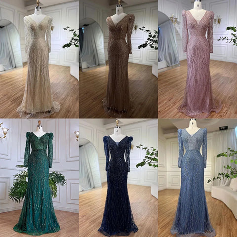 Muslim Blue Elegant Mermaid Beaded Arabic Luxury Evening Dresses Gowns for Women Wedding Party 2025 LA71931