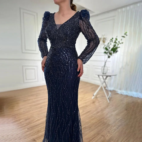 Muslim Blue Elegant Mermaid Beaded Arabic Luxury Evening Dresses Gowns for Women Wedding Party 2025 LA71931