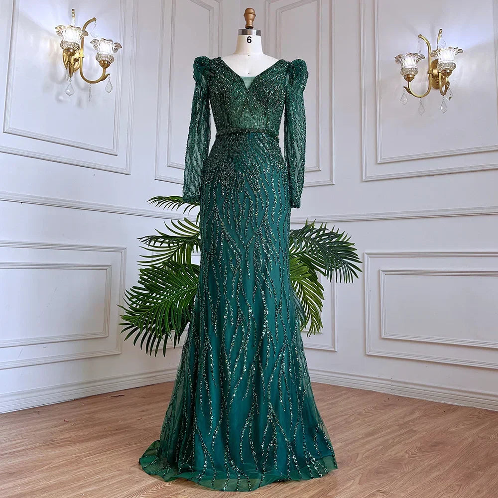Muslim Blue Elegant Mermaid Beaded Arabic Luxury Evening Dresses Gowns for Women Wedding Party 2025 LA71931