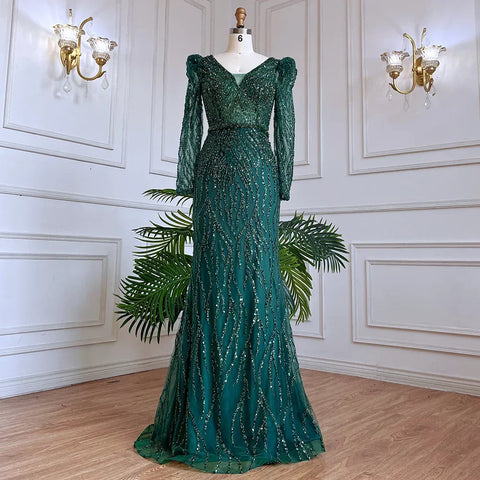 Muslim Blue Elegant Mermaid Beaded Arabic Luxury Evening Dresses Gowns for Women Wedding Party 2025 LA71931