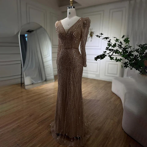 Muslim Blue Elegant Mermaid Beaded Arabic Luxury Evening Dresses Gowns for Women Wedding Party 2025 LA71931