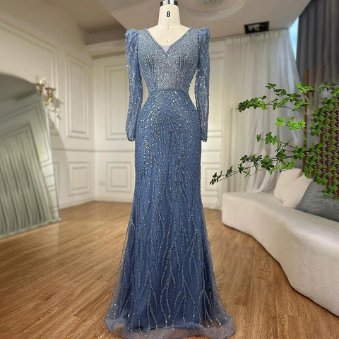Muslim Blue Elegant Mermaid Beaded Arabic Luxury Evening Dresses Gowns for Women Wedding Party 2025 LA71931