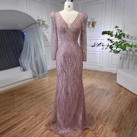 Muslim Blue Elegant Mermaid Beaded Arabic Luxury Evening Dresses Gowns for Women Wedding Party 2025 LA71931