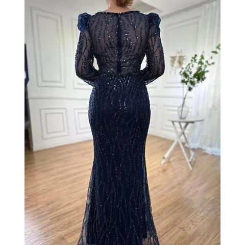 Muslim Blue Elegant Mermaid Beaded Arabic Luxury Evening Dresses Gowns for Women Wedding Party 2025 LA71931