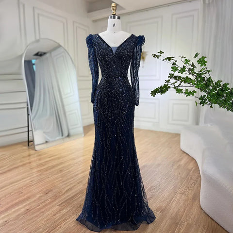 Muslim Blue Elegant Mermaid Beaded Arabic Luxury Evening Dresses Gowns for Women Wedding Party 2025 LA71931
