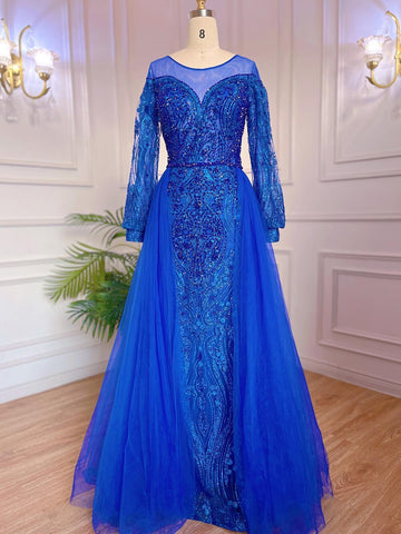 Muslim Blue Elegant Mermaid Luxury Evening Dresses Gowns Beaded Over Skirt 2025 For Women Party LA71891