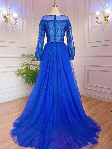 Muslim Blue Elegant Mermaid Luxury Evening Dresses Gowns Beaded Over Skirt 2025 For Women Party LA71891