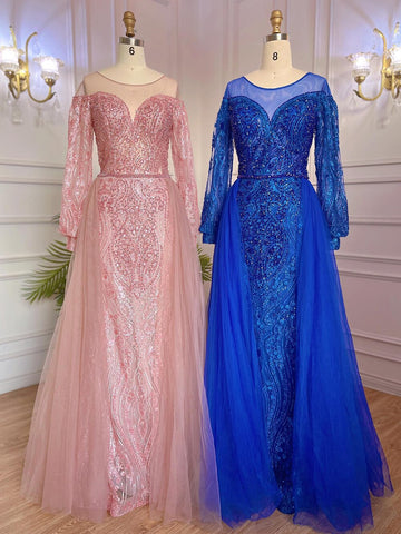 Muslim Blue Elegant Mermaid Luxury Evening Dresses Gowns Beaded Over Skirt 2025 For Women Party LA71891