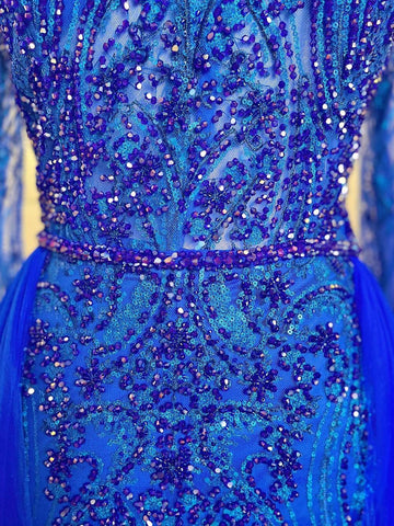 Muslim Blue Elegant Mermaid Luxury Evening Dresses Gowns Beaded Over Skirt 2025 For Women Party LA71891