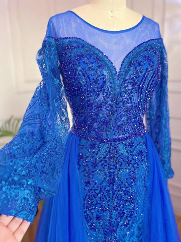Muslim Blue Elegant Mermaid Luxury Evening Dresses Gowns Beaded Over Skirt 2025 For Women Party LA71891