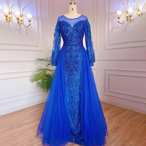 Muslim Blue Elegant Mermaid Luxury Evening Dresses Gowns Beaded Over Skirt 2025 For Women Party LA71891