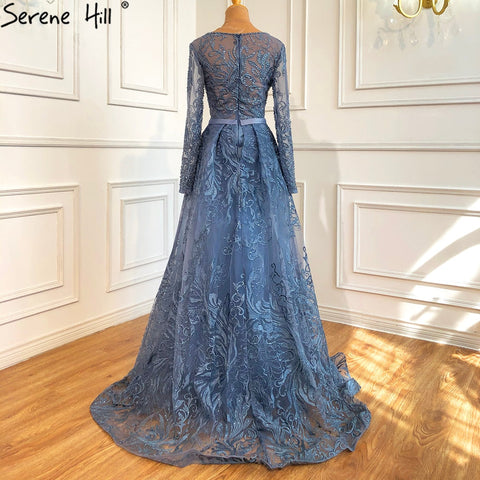 Muslim Blue  Lace Beaded Luxury Evening Dresses Gowns 2025 O-Neck Mermaid Elegant For Women Party LA70834