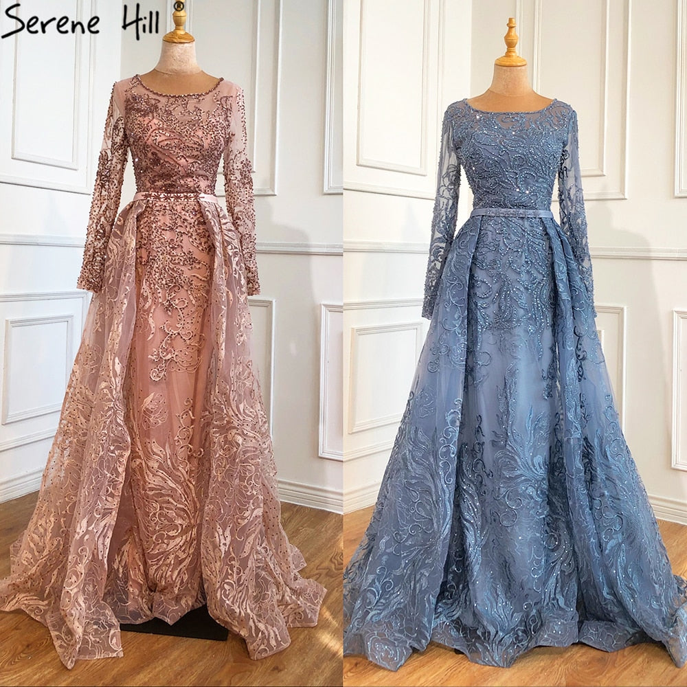 Muslim Blue  Lace Beaded Luxury Evening Dresses Gowns 2025 O-Neck Mermaid Elegant For Women Party LA70834