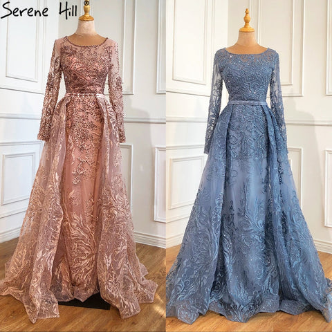 Muslim Blue  Lace Beaded Luxury Evening Dresses Gowns 2025 O-Neck Mermaid Elegant For Women Party LA70834