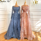 Muslim Blue  Lace Beaded Luxury Evening Dresses Gowns 2025 O-Neck Mermaid Elegant For Women Party LA70834
