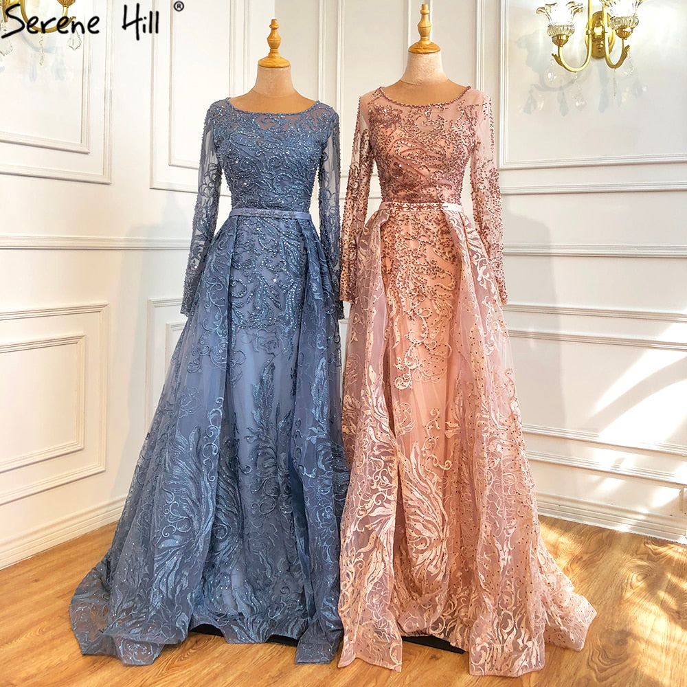 Muslim Blue  Lace Beaded Luxury Evening Dresses Gowns 2025 O-Neck Mermaid Elegant For Women Party LA70834
