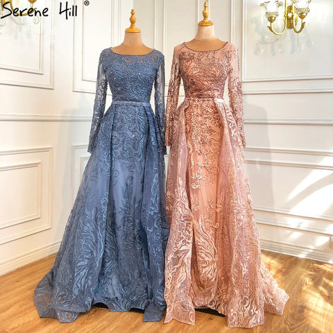 Muslim Blue  Lace Beaded Luxury Evening Dresses Gowns 2025 O-Neck Mermaid Elegant For Women Party LA70834