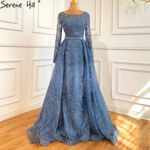 Muslim Blue  Lace Beaded Luxury Evening Dresses Gowns 2025 O-Neck Mermaid Elegant For Women Party LA70834