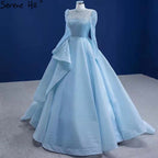 Muslim Blue Lace Up Wedding Dresses 2025 Beaded High-end Bridal Dress HM67392 Custom Made