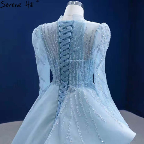 Muslim Blue Lace Up Wedding Dresses 2025 Beaded High-end Bridal Dress HM67392 Custom Made
