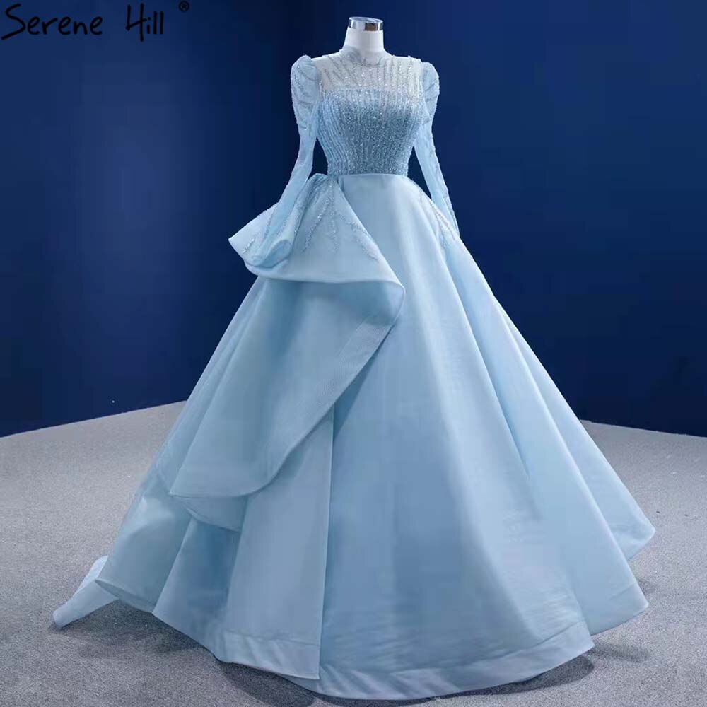 Muslim Blue Lace Up Wedding Dresses 2025 Beaded High-end Bridal Dress HM67392 Custom Made