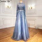 Muslim Blue Luxury Beaded Crystal A-Line Evening Dresses Gowns 2025 Luxury Beaded Crystal For Women Party LA70927H