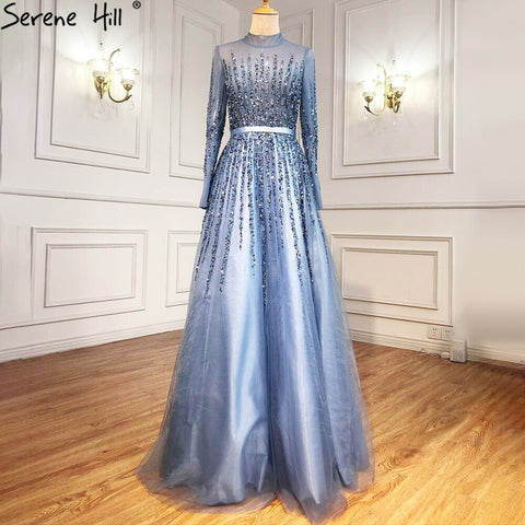 Muslim Blue Luxury Beaded Crystal A-Line Evening Dresses Gowns 2025 Luxury Beaded Crystal For Women Party LA70927H