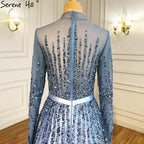 Muslim Blue Luxury Beaded Crystal A-Line Evening Dresses Gowns 2025 Luxury Beaded Crystal For Women Party LA70927H