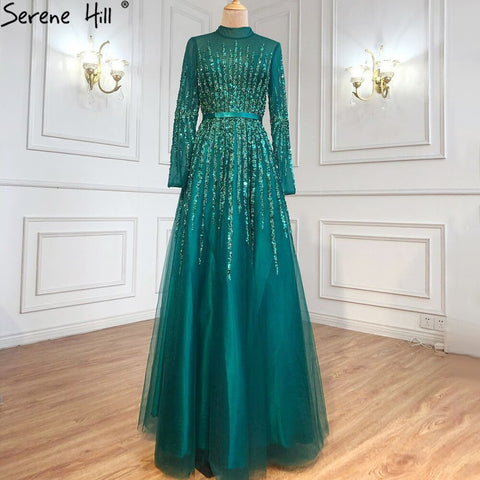 Muslim Blue Luxury Beaded Crystal A-Line Evening Dresses Gowns 2025 Luxury Beaded Crystal For Women Party LA70927H
