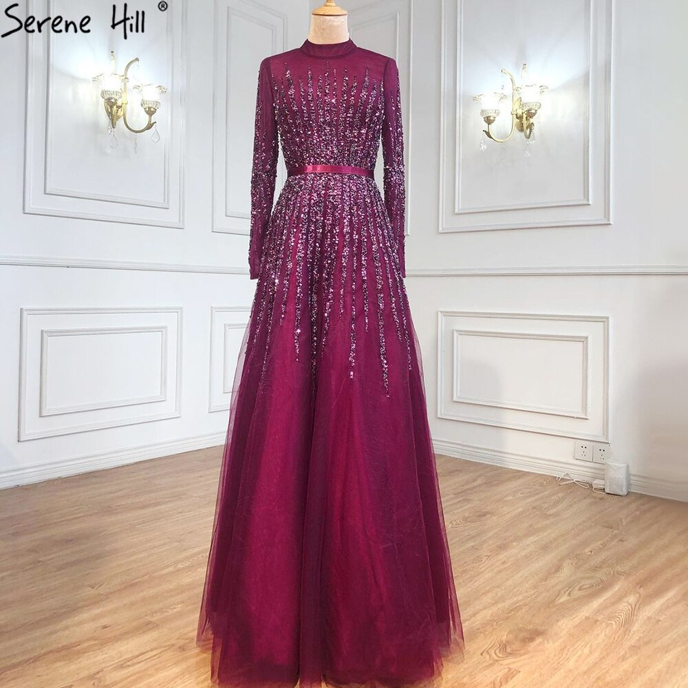 Muslim Blue Luxury Beaded Crystal A-Line Evening Dresses Gowns 2025 Luxury Beaded Crystal For Women Party LA70927H