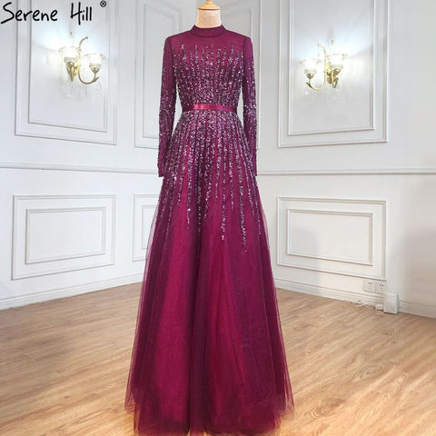 Muslim Blue Luxury Beaded Crystal A-Line Evening Dresses Gowns 2025 Luxury Beaded Crystal For Women Party LA70927H