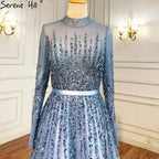 Muslim Blue Luxury Beaded Crystal A-Line Evening Dresses Gowns 2025 Luxury Beaded Crystal For Women Party LA70927H