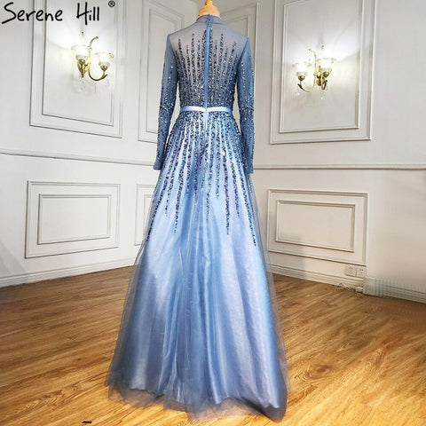 Muslim Blue Luxury Beaded Crystal A-Line Evening Dresses Gowns 2025 Luxury Beaded Crystal For Women Party LA70927H