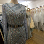 Muslim Blue Luxury Evening Dresses Gowns 2025 Mermaid Elegant Beaded Sashes For Women Party LA71429