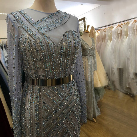 Muslim Blue Luxury Evening Dresses Gowns 2025 Mermaid Elegant Beaded Sashes For Women Party LA71429