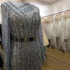 Muslim Blue Luxury Evening Dresses Gowns 2025 Mermaid Elegant Beaded Sashes For Women Party LA71429