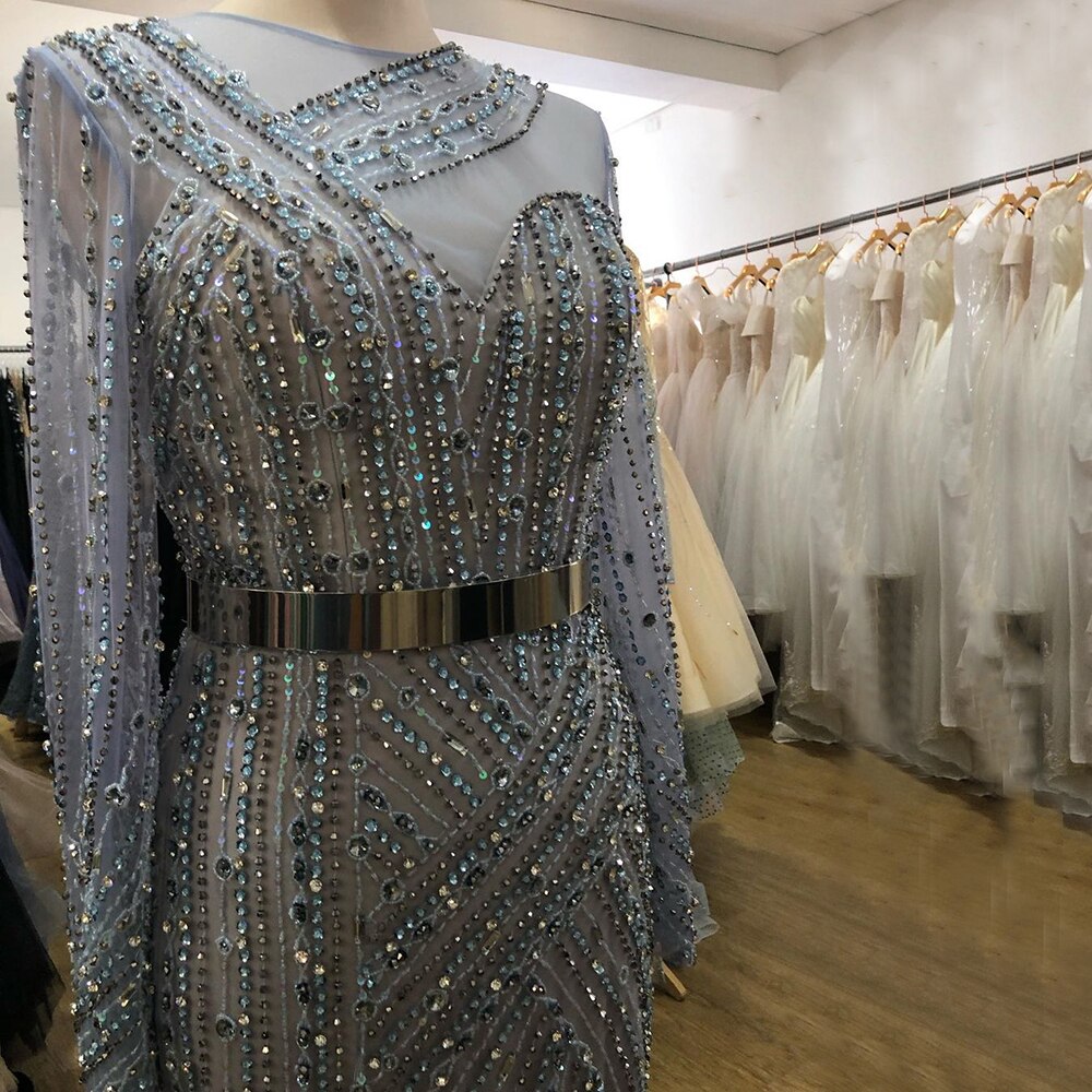 Muslim Blue Luxury Evening Dresses Gowns 2025 Mermaid Elegant Beaded Sashes For Women Party LA71429