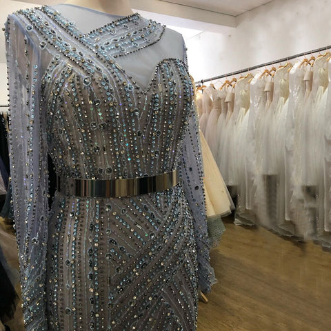 Muslim Blue Luxury Evening Dresses Gowns 2025 Mermaid Elegant Beaded Sashes For Women Party LA71429