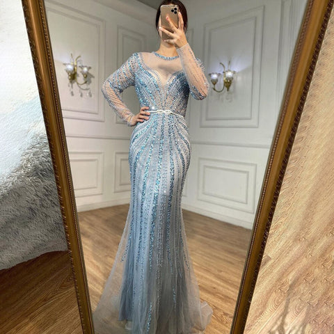 Muslim Blue Luxury Evening Dresses Gowns 2025 Mermaid Elegant Beaded For Women Party LA71374A