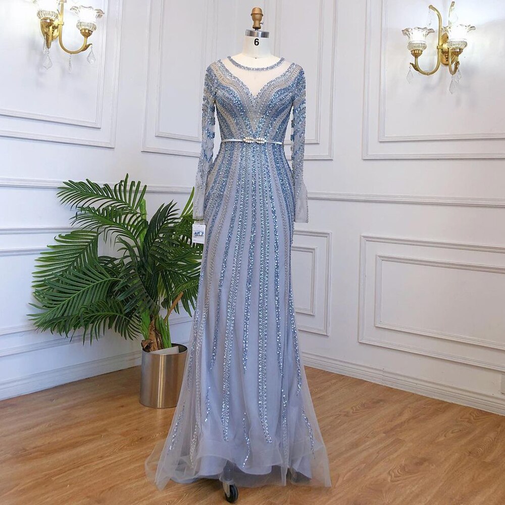 Muslim Blue Luxury Evening Dresses Gowns 2025 Mermaid Elegant Beaded For Women Party LA71374A