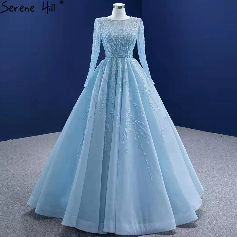 Muslim Blue Luxury Wedding Dresses 2025 Beaded Lace Up High-end Bridal Dress HM67395 Custom Made