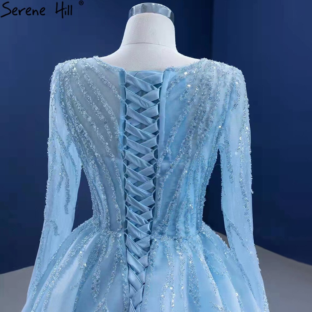 Muslim Blue Luxury Wedding Dresses 2025 Beaded Lace Up High-end Bridal Dress HM67395 Custom Made