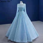 Muslim Blue Luxury Wedding Dresses 2025 Beaded Lace Up High-end Bridal Dress HM67395 Custom Made