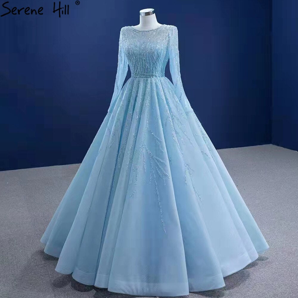 Muslim Blue Luxury Wedding Dresses 2025 Beaded Lace Up High-end Bridal Dress HM67395 Custom Made